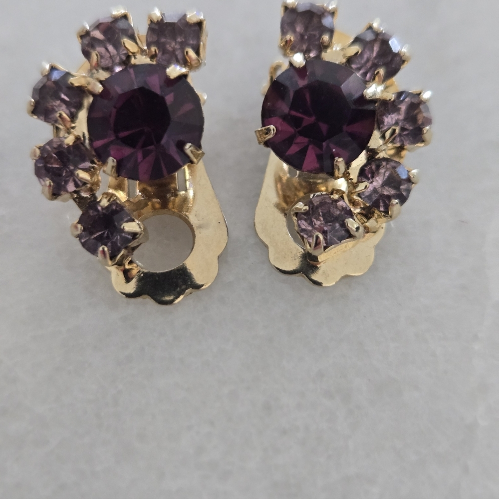 Elegant Gold Tone and Purple Rhinestone Crystal Clip On Earrings